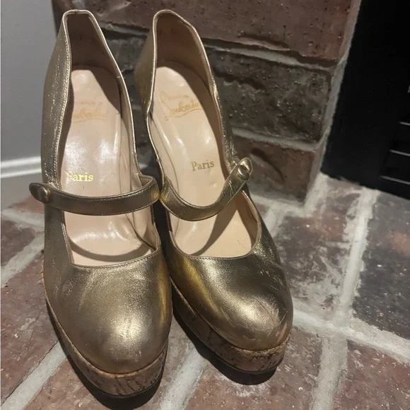 Christian Louboutin Metallic Gold Leather Cork Platform Wedge Mary Jane - Picture 2 of 16